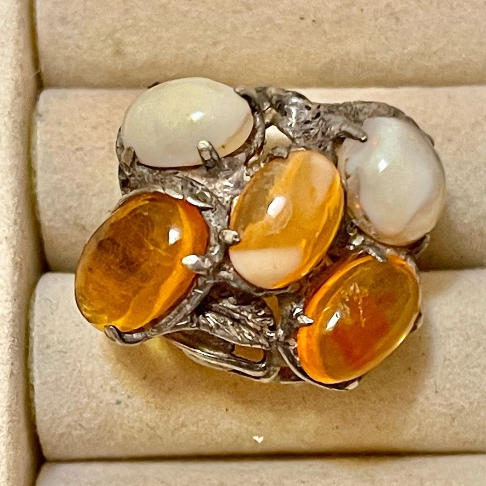 Vintage Sterling Silver Orange White Opal Cluster Ring Size 6.75